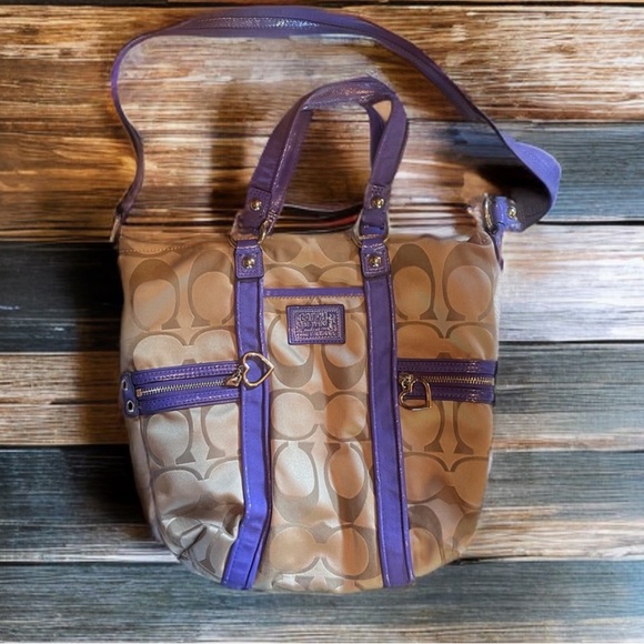 💜Certified Authentic💜 Coach Poppy Daisy Signature Tote Purple / Khaki 🔥EUC🔥 - Picture 2 of 8